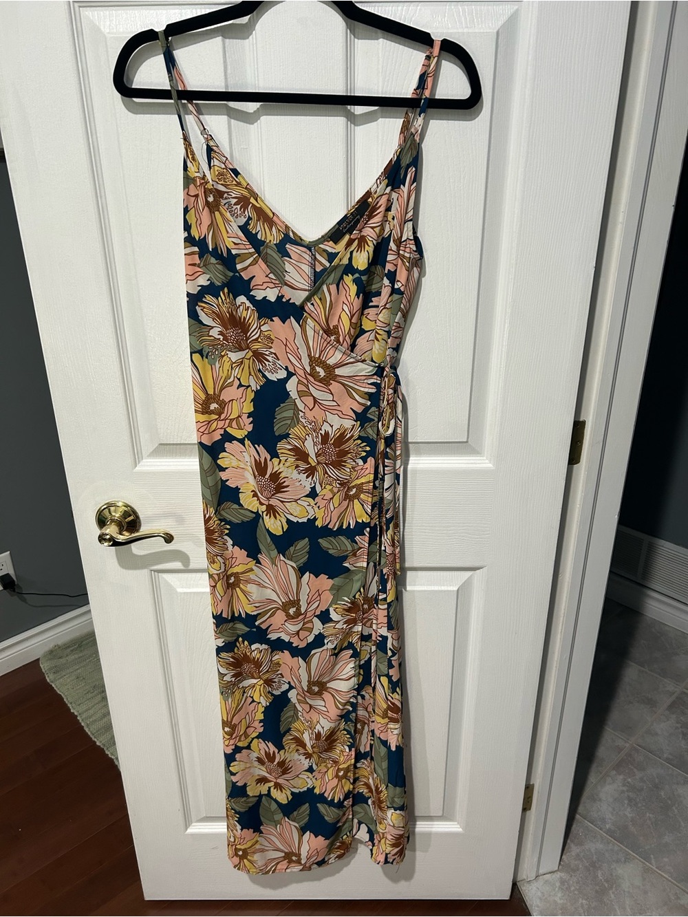 Floral Wrap Midi Dress with Pink and Yellow Blooms